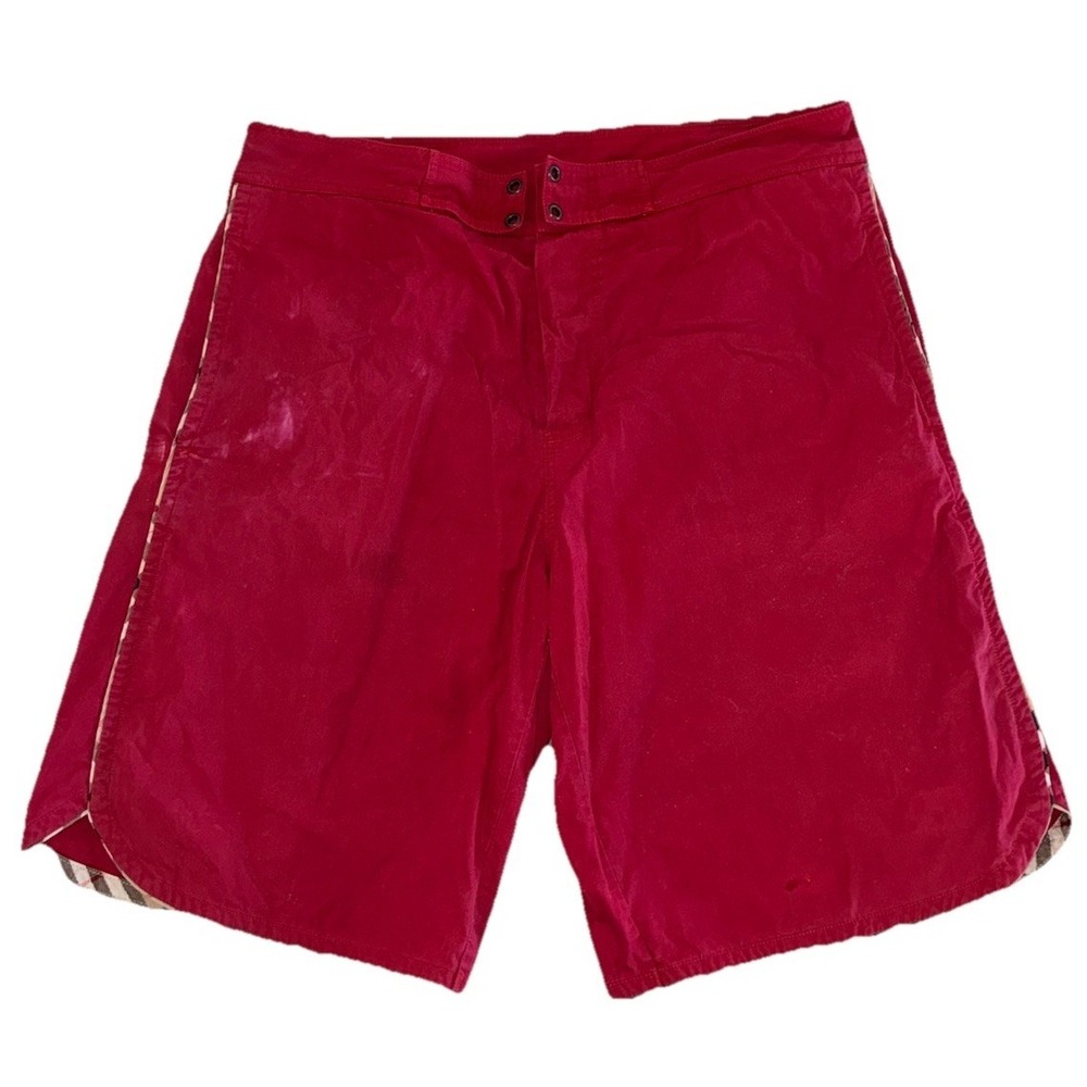 Burberry London Swim Trunks Men's L Red Check Piping 10" Shorts *flaws‎